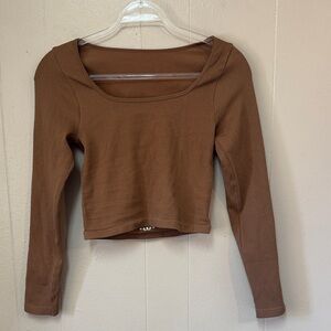 Chic Brown Long Sleeve Top OQQ Ribbed